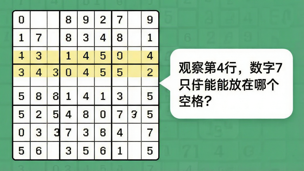 数独导师APP内页,画面中一个九宫格数独盘面,其中一行被高亮显示为浅黄色,旁边弹出一个对话气泡,气泡内写着“观察第4行,数字7只能放在哪个空格?”,界面风格清爽,文字清晰,画质干净无多余元素