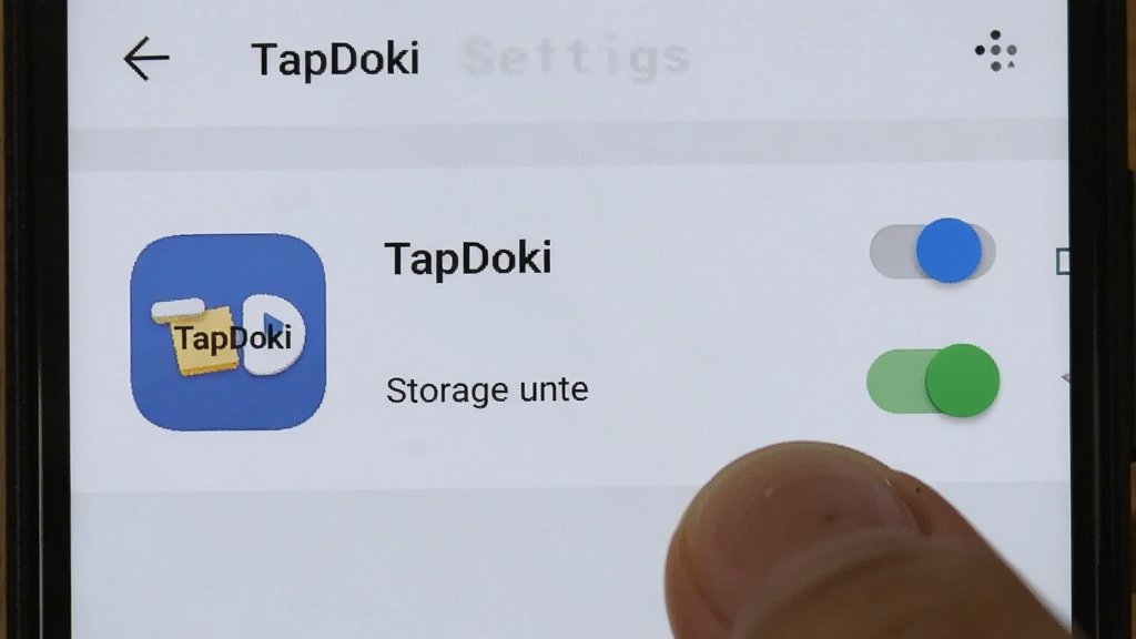 TapDoki 手机设置权限界面,画面中一个手机屏幕显示安卓系统的应用权限管理页面,TapDoki 的图标旁边有震动和存储权限开关,手指正在点击开启震动权限,背景是浅灰色的设置菜单,风格简洁清晰,画质干净,无多余元素