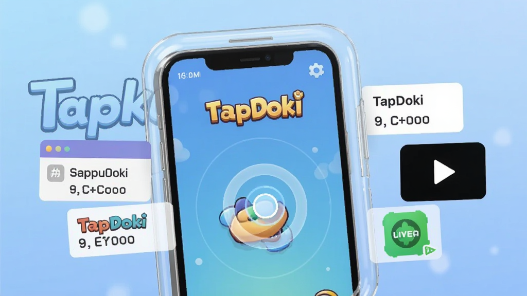 TapDoki 无广告清爽体验,画面中一个手机屏幕显示 TapDoki 游戏界面,屏幕周围有一圈透明的保护罩,把广告弹窗和视频图标挡在外面,背景是柔和的蓝色渐变,中心是 TapDoki 的圆点点击特效,风格干净简约,画质清晰,无多余元素