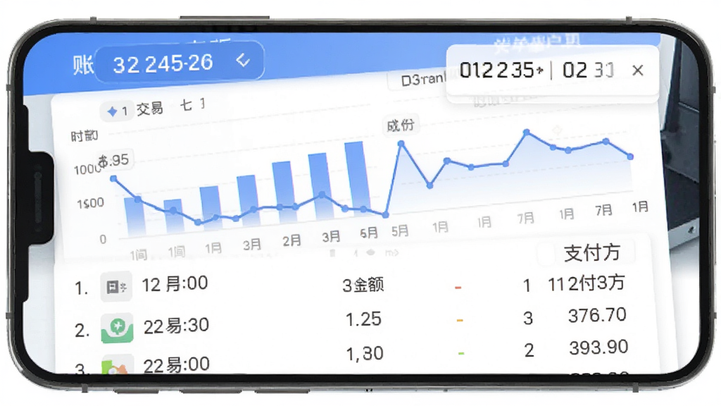兴业生活商户版App的账单统计页面手机截图,画面显示手机屏幕上有柱状图和折线图,展示近七天的收款趋势,下方列表罗列了每一笔交易的时间、金额和支付方式,顶部有日期筛选器,整体配色以蓝色和白色为主,风格清爽专业,无杂乱信息