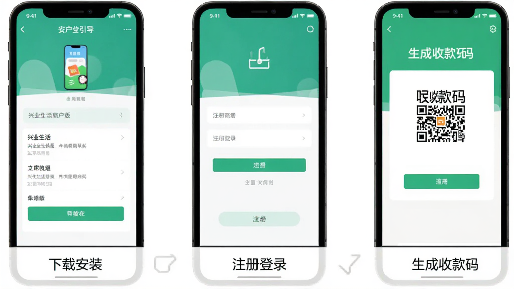 兴业生活商户版App在手机上的操作引导图,画面展示手机屏幕从左到右依次为下载安装、注册登录、生成收款码三个步骤的界面截图,每个步骤下方有简短文字说明,整体风格扁平化,配色清新,画质干净,无多余装饰