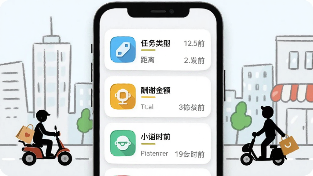 帮忙趣 任务大厅界面截图风格插画,画面展示手机屏幕内任务列表,每个任务卡片有任务类型图标、距离、酬谢金额和发布时间,背景是城市街道简笔画,有小人骑着电动车、提着购物袋的剪影,风格扁平卡通,色彩明快,画质干净,无多余元素