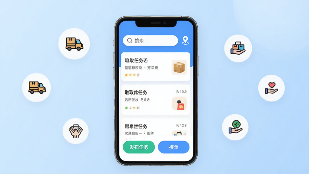 帮忙趣 手机应用主界面展示,画面中央是一部智能手机,屏幕上显示帮忙趣App的首页,顶部有搜索框和定位图标,中间是任务列表卡片,下方有发布任务和接单按钮,背景是浅蓝色渐变,周围漂浮着跑腿、代取、互助等小图标,风格简洁现代,画质清晰干净,无多余元素
