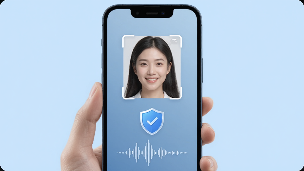 全球热恋 真人认证页面 手机屏幕显示人脸识别框和语音波形图 背景是柔和的浅蓝色 中间有盾牌认证图标 风格简洁科技感 画质干净 无多余元素