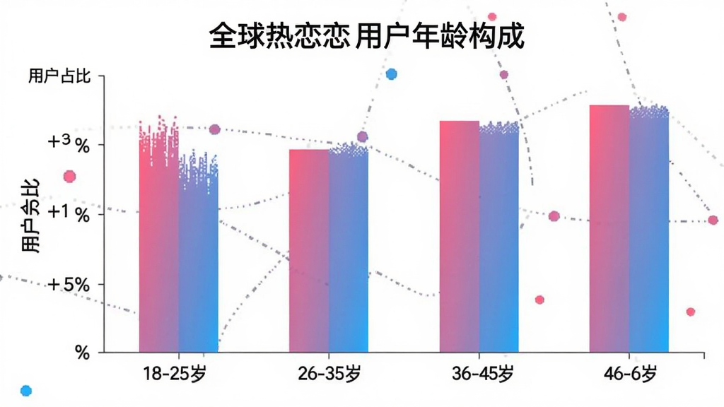 全球热恋 用户年龄分布柱状图 横轴为18-25岁 26-35岁 36-45岁 46-60岁 纵轴为用户占比 柱状颜色为粉蓝渐变 图表标题为全球热恋用户年龄构成 风格简洁数据可视化 画质清晰 无多余元素