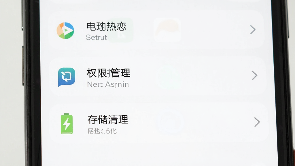 全球热恋 手机设置页面 显示通知管理 权限管理 存储清理 电池优化四个选项 界面清晰 图标简约 背景白色 风格实用 画质干净 无多余元素
