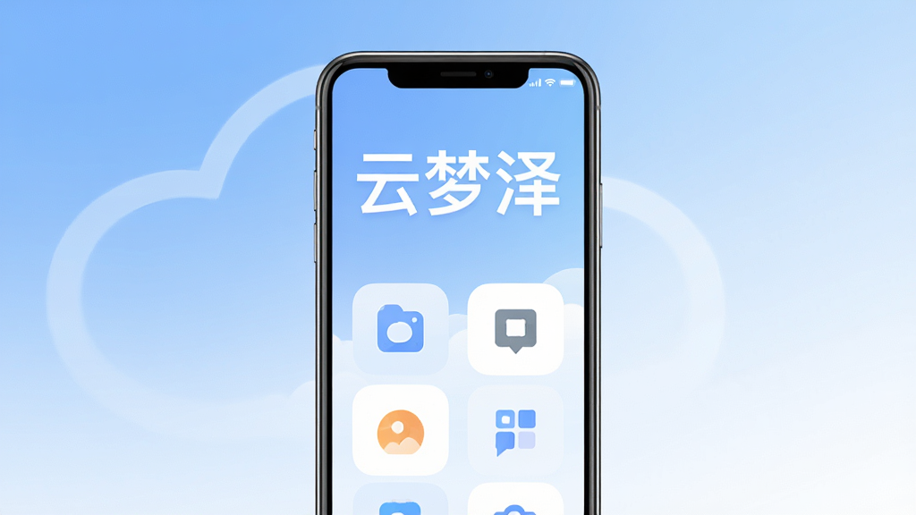 一张展示手机应用主界面的图片,画面中央是手机屏幕,屏幕上方显示“云梦泽”三个大字,下方排列着几个简洁的功能图标,整体布局清晰,风格现代扁平,背景是柔和的蓝白渐变,画质干净无多余元素