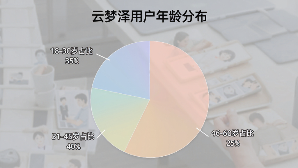 一张展示不同年龄段用户使用手机应用场景的饼状图,图表标题为“云梦泽用户年龄分布”,图中显示18-30岁占比35%,31-45岁占比40%,46-60岁占比25%,配色柔和,数据标注清晰,整体风格简洁专业