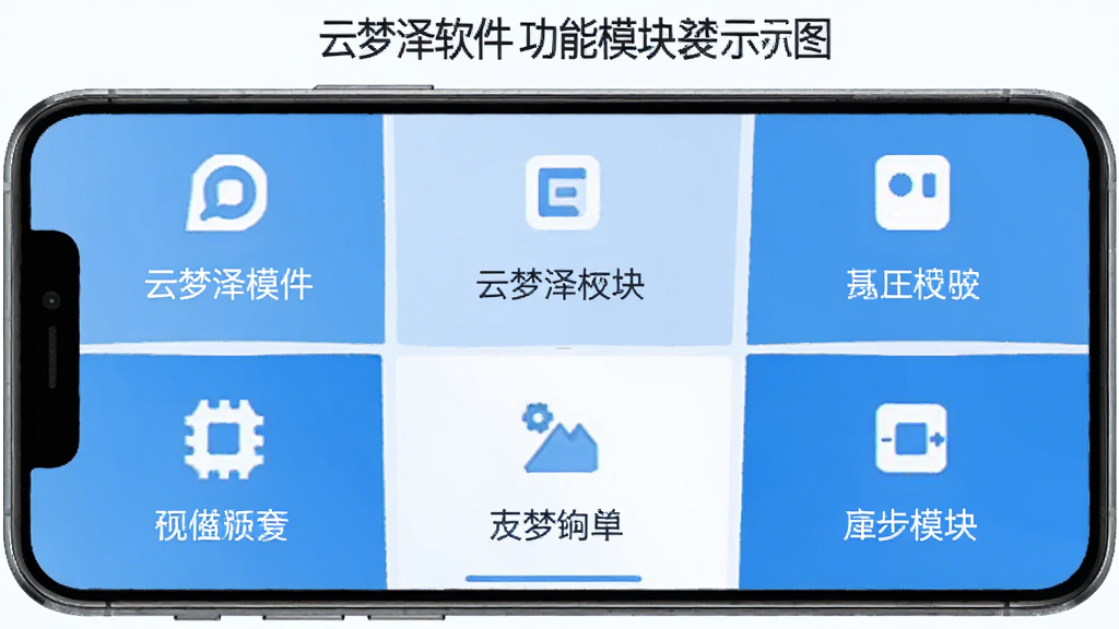 一张云梦泽软件功能模块的示意图,画面中一个手机屏幕被划分为几个清晰的区块,每个区块标注着不同的功能图标和文字说明,整体风格简洁科技感,色调以蓝色和白色为主,画质清晰干净