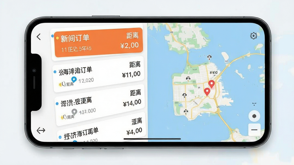 一张展示海豹搬家师傅版APP抢单大厅界面的手机截图风格图片,主体是手机屏幕内显示密集的订单列表和地图定位点,布局采用列表与地图上下分屏设计,排版突出新订单高亮提示,风格简洁明快商务风,细节上订单卡片带有距离和价格标签,画质清晰锐利,画面干净,无多余元素