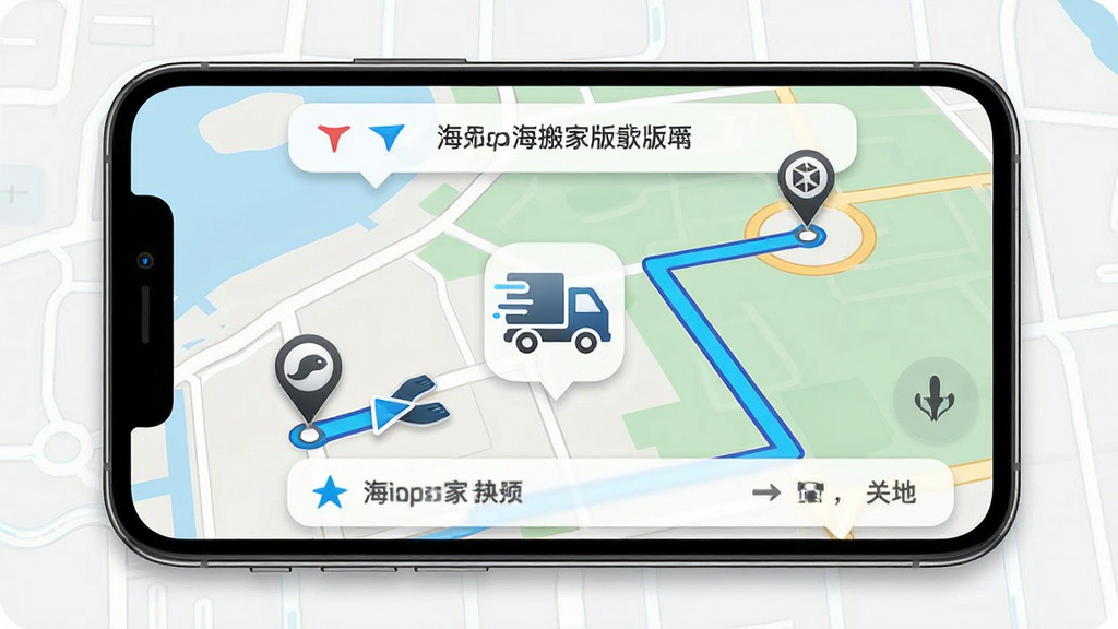 一张展示海豹搬家师傅版APP内置导航功能的手机界面图,主体是手机屏幕显示地图路线和货车导航图标,布局采用全屏地图叠加路线信息条,排版简洁直观,风格写实科技感,细节上路线用蓝色高亮标注,起点终点图标清晰,画质高清,画面干净,无多余元素