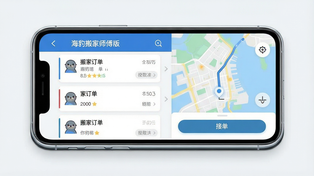 一张展示海豹搬家师傅版APP核心界面的手机样机图,主体是手机屏幕显示搬家订单列表和地图导航界面,布局采用居中构图,排版清晰展示订单卡片和接单按钮,风格现代扁平化科技感,细节上手机边框圆润有光泽,屏幕内文字清晰可见“海豹搬家师傅版”字样,画质高清,画面干净,无多余元素
