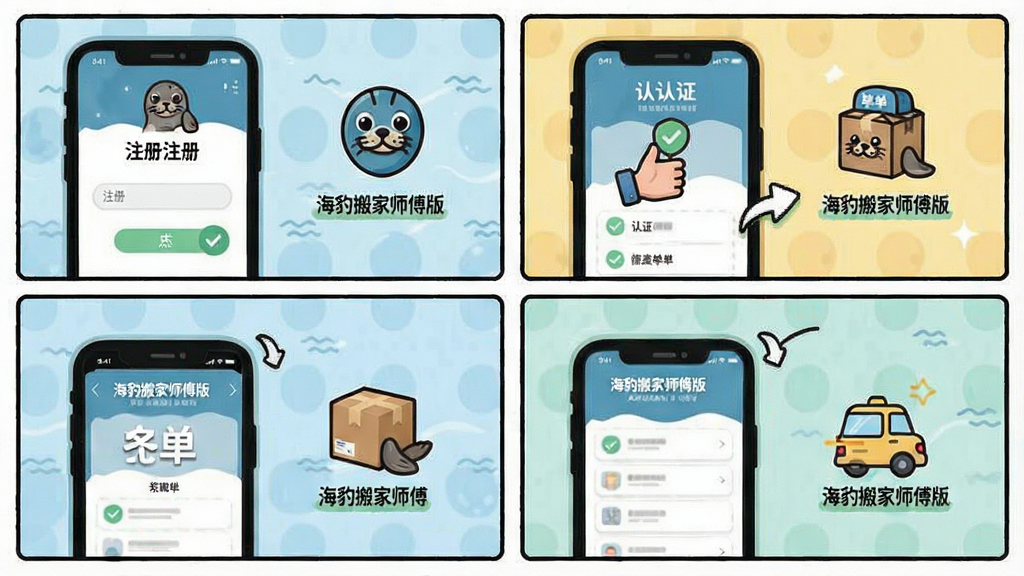 一张展示海豹搬家师傅版APP新手操作流程的示意图,主体是手机屏幕分步骤显示注册、认证、抢单、提现四个画面,布局采用四格漫画式排版,风格轻松活泼扁平化,细节上每个步骤配有简单图标和“海豹搬家师傅版”字样,画质清晰,画面干净,无多余元素