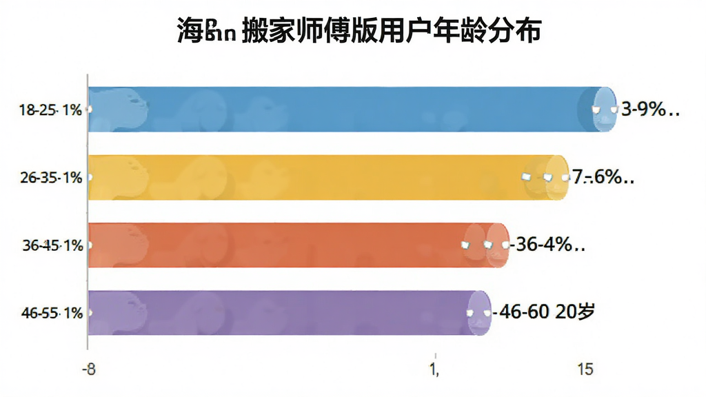 一张展示海豹搬家师傅版用户年龄分布的柱状图,主体是图表显示不同年龄段用户占比,布局采用横向柱状图设计,风格简洁数据可视化,细节上柱子颜色分明,标注18-25岁、26-35岁、36-45岁、46-60岁各年龄段百分比,画质清晰,画面干净,无多余元素