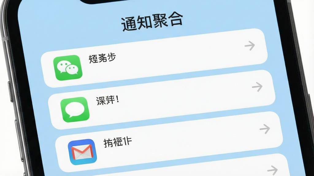 一张展示手机屏幕的图片,屏幕中央是“通知聚合”软件的主界面,界面设计简洁现代,背景是干净的浅蓝色。屏幕上整齐排列着来自不同应用的通知卡片,比如微信、短信、邮件图标,所有通知被归纳在一个统一的列表中。界面顶部有“通知聚合”四个字。风格是扁平化UI设计,细节圆润,画质清晰,没有多余元素。