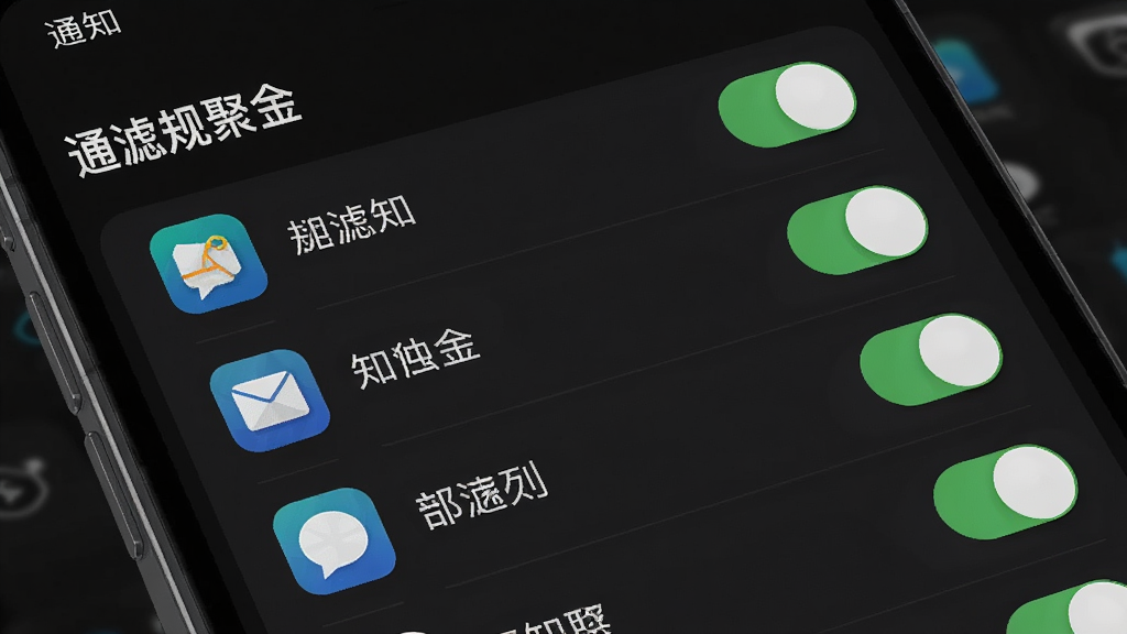 一张AI生成的图片,画面是一个手机屏幕的特写,屏幕上显示“通知聚合”的过滤规则设置界面,界面中有一个列表,每个App图标旁边都有一个开关按钮,有的开着有的关着,界面风格是深色模式,文字清晰,布局规整,画质干净,无多余元素。