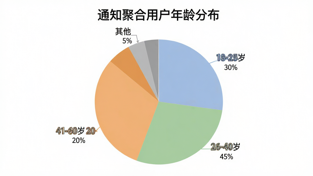 一张AI生成的饼状图,标题是“通知聚合用户年龄分布”,饼图分为四块,分别标注“18-25岁 30%”、“26-40岁 45%”、“41-60岁 20%”、“其他 5%”,颜色使用柔和的蓝、绿、橙、灰色系,图表简洁清晰,背景白色,画质干净。