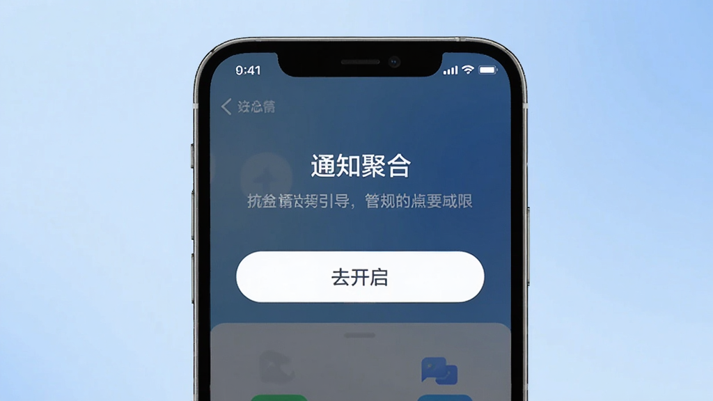 一张AI生成的图片,画面是一个手机屏幕,屏幕上显示“通知聚合”的权限设置引导页面,页面上有一个醒目的按钮写着“去开启”,背景是柔和的渐变蓝色,风格简洁明了,画质干净,无多余元素。