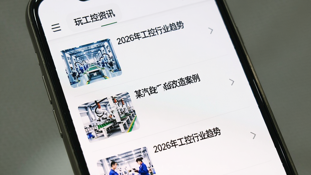 玩工控资讯页面,手机屏幕展示行业文章列表,标题包含“2026年工控行业趋势”“某汽车厂产线改造案例”,每篇文章配有小缩略图,排版整齐,背景白色,字体清晰