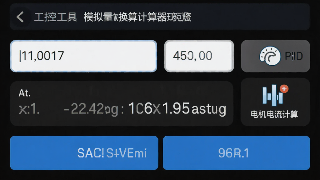 玩工控工具页面截图,手机屏幕显示模拟量换算计算器界面,输入框内填有数值,下方自动显示换算结果,旁边有PID参数估算和电机电流计算图标,界面为深色模式,按钮为蓝色,画质干净无多余元素