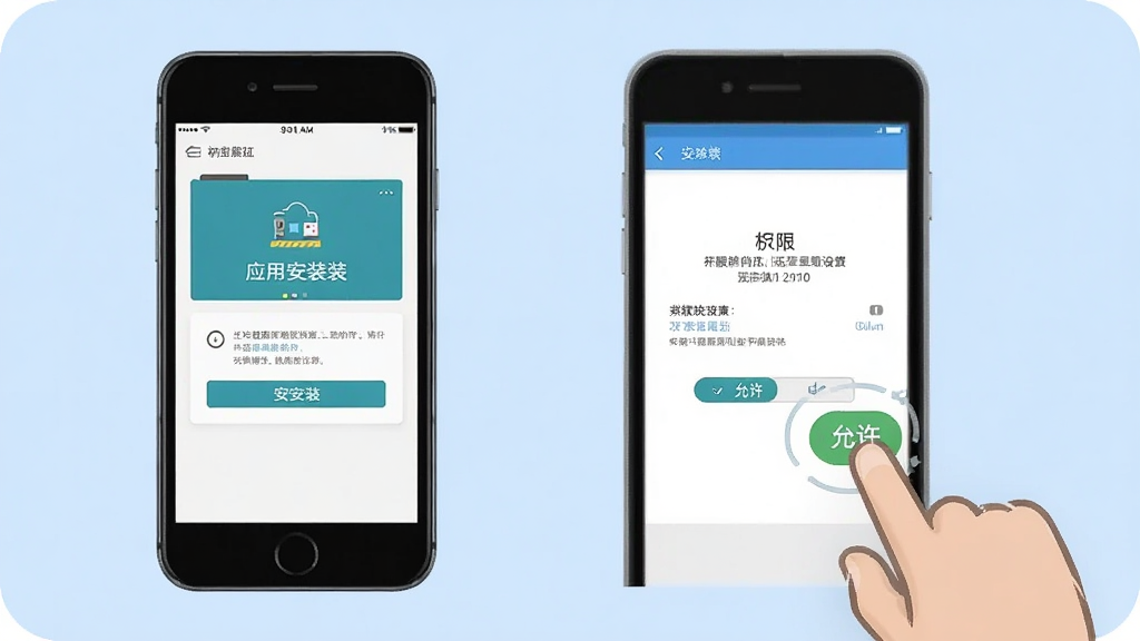 玩工控安装教程示意图,手机屏幕显示应用安装界面和权限设置页面,旁边有手指点击“允许”的图标,背景为浅蓝色,风格简洁明了,画质清晰