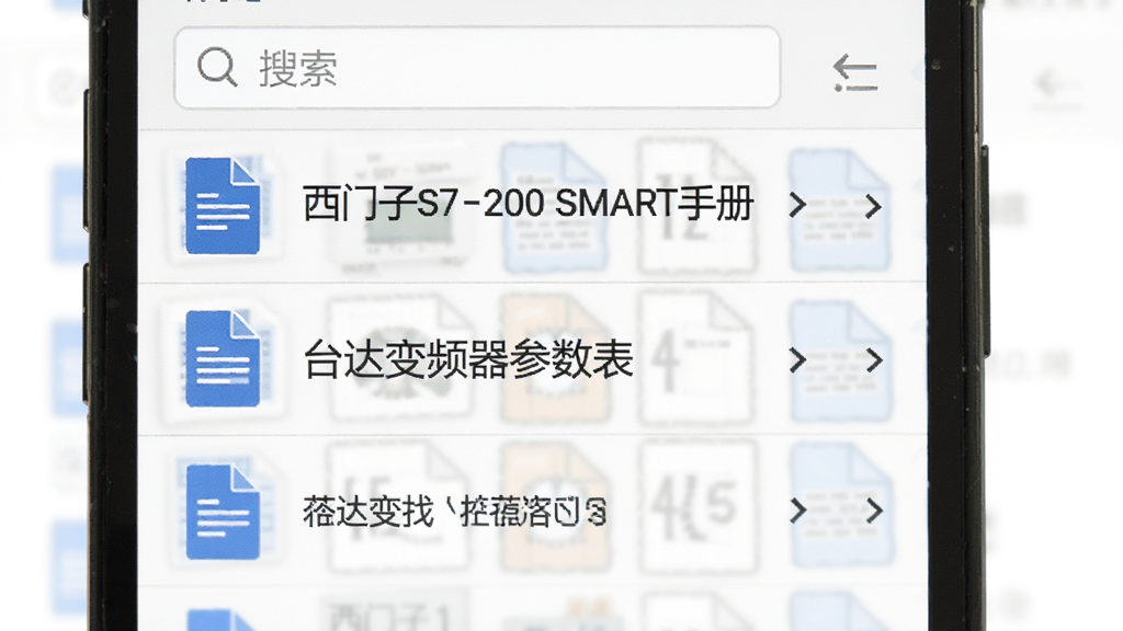 玩工控资料库界面,手机屏幕显示技术文档列表,包含“西门子S7-200 SMART手册”“台达变频器参数表”等条目,顶部有搜索框,背景白色,图标为蓝色文档样式,画质清晰