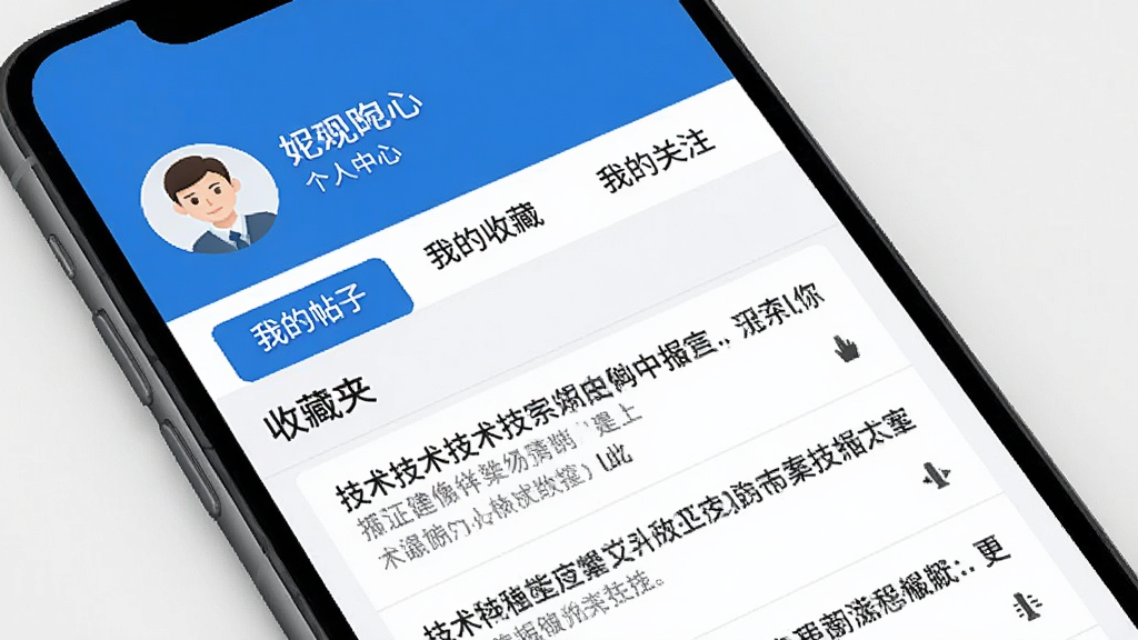 玩工控个人中心页面,手机屏幕显示用户头像和昵称,下方有“我的帖子”“我的收藏”“我的关注”三个选项卡,收藏夹内显示多条技术文章,界面简洁,蓝白配色,画质干净