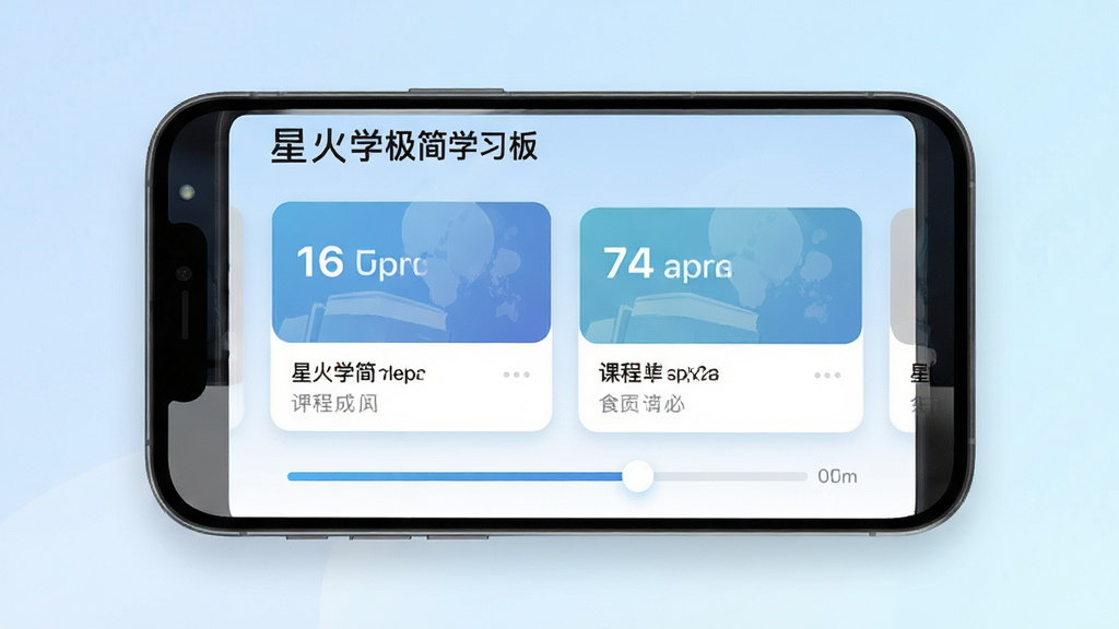星火学极简学习面板界面,手机屏幕显示清晰的课程卡片和进度条,背景是淡蓝色渐变,风格简洁现代,文字标签明确,画质干净无多余元素