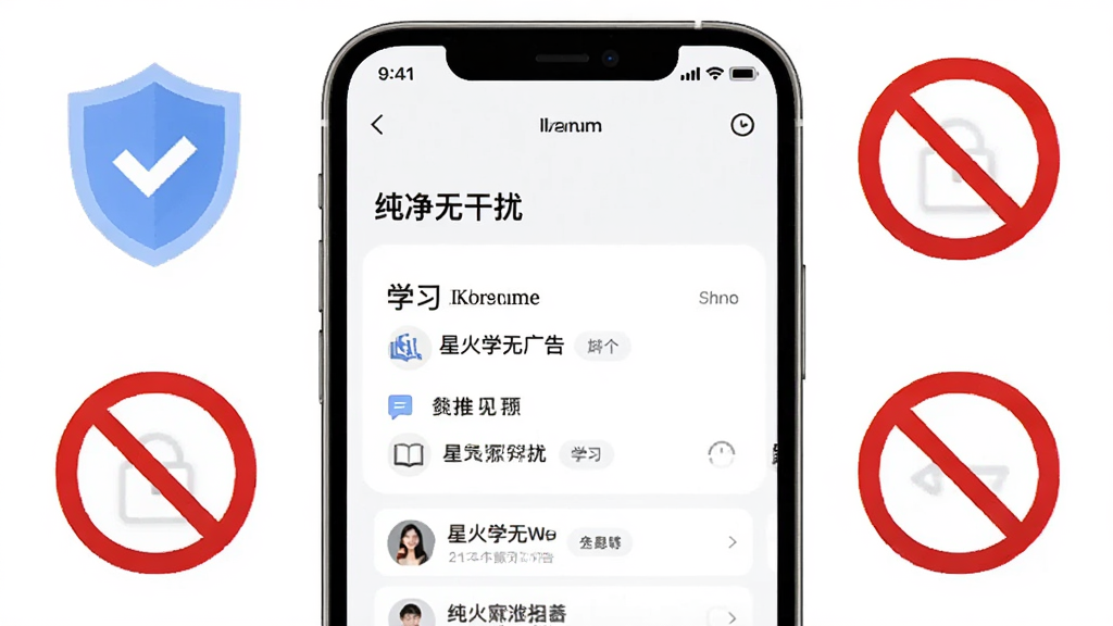 星火学无广告界面展示,手机屏幕显示学习内容页面,周围有盾牌和禁止符号的图标,表达纯净无干扰,风格简约,画质清晰,无多余元素