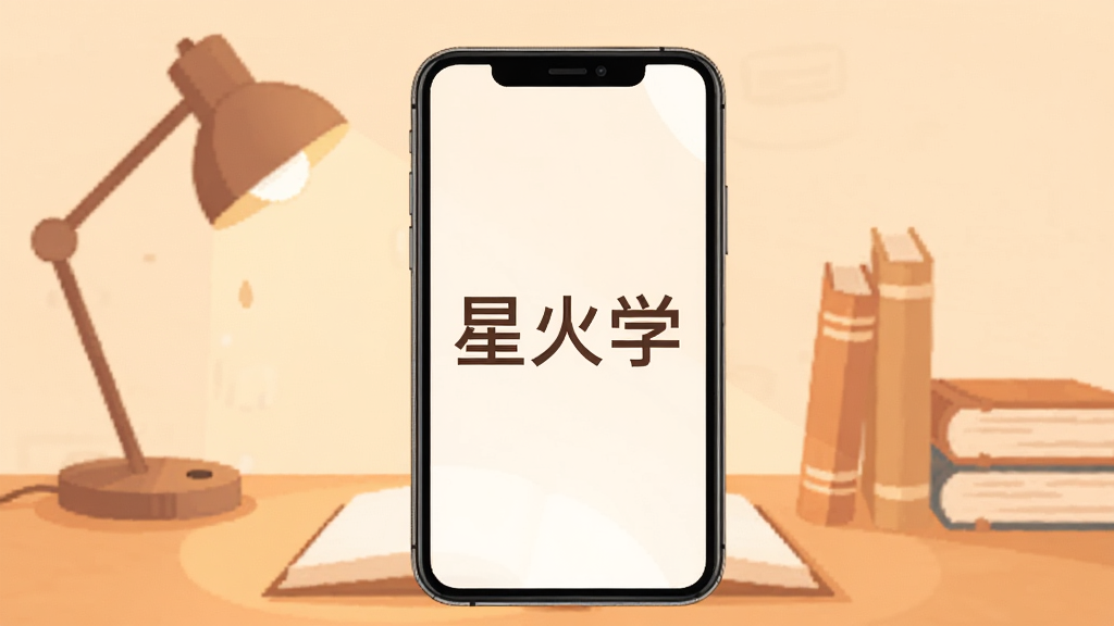 星火学App主界面展示,手机屏幕中央显示“星火学”三个字,背景是温暖的书桌场景,有一盏台灯和几本书,整体色调柔和,扁平化设计风格,画质清晰干净,无多余元素