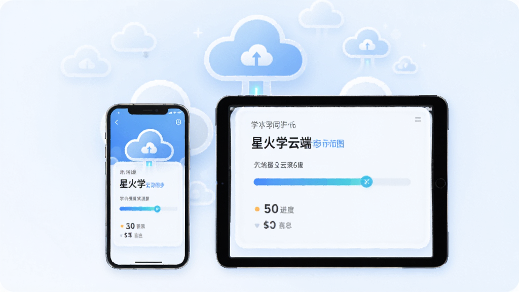 星火学云端同步示意图,手机和平板电脑并排显示相同学习进度,背景有云朵图标,风格科技简洁,画质干净,无多余元素