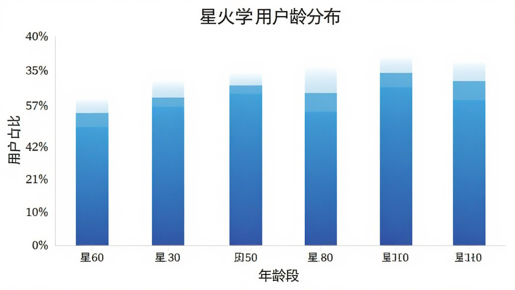 星火学用户年龄分布柱状图,横轴为年龄段,纵轴为用户占比,柱状颜色为蓝色渐变,背景白色,风格简洁数据化,画质清晰,无多余元素