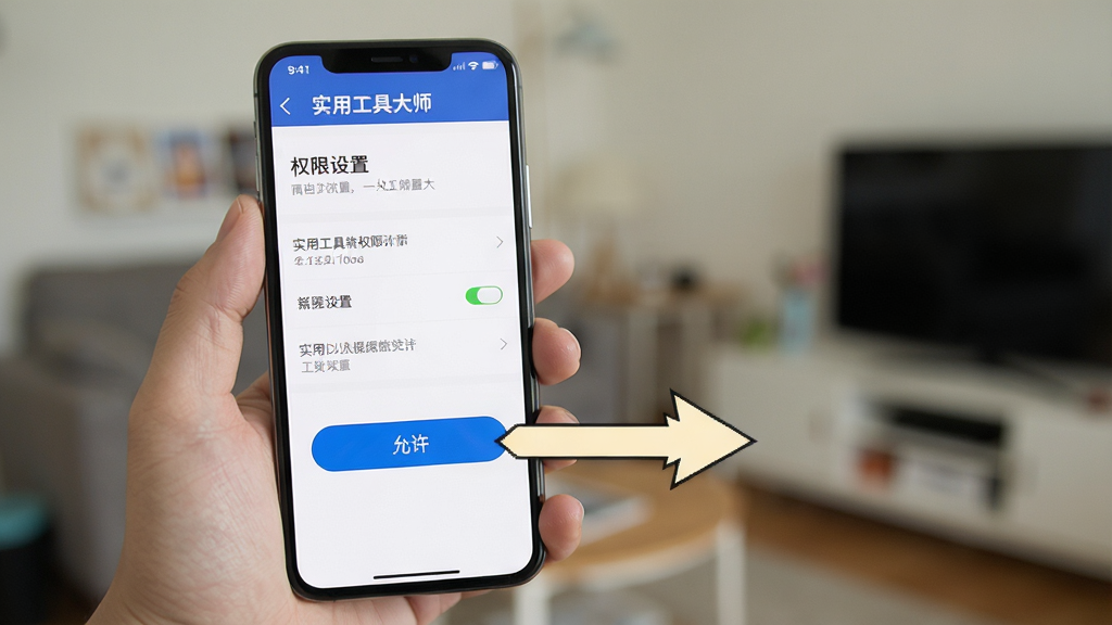 一张手机操作示意图,画面中一只手拿着手机,屏幕显示“实用工具大师”的权限设置页面,旁边有箭头指向“允许”按钮,背景是模糊的室内环境,风格写实,画质清晰,重点突出操作步骤