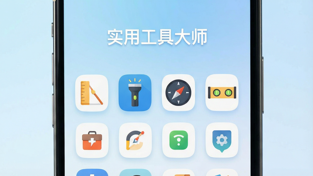 一张手机屏幕展示图,画面中央是一个简洁的工具箱应用界面,顶部有“实用工具大师”的文字标识,下方整齐排列着各种小工具图标,如尺子、手电筒、指南针、水平仪等,背景是淡蓝色渐变,风格现代扁平,图标圆润清晰,画质干净明亮,没有多余广告元素