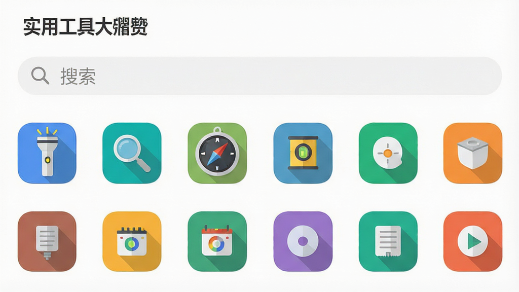 一张手机应用界面截图风格的图片,画面展示“实用工具大师”的主界面,顶部是搜索框,下方是网格状排列的工具图标,包括手电筒、放大镜、指南针、水平仪等,背景为纯白色,图标为彩色扁平化设计,布局整齐,风格极简,画质干净无任何广告横幅