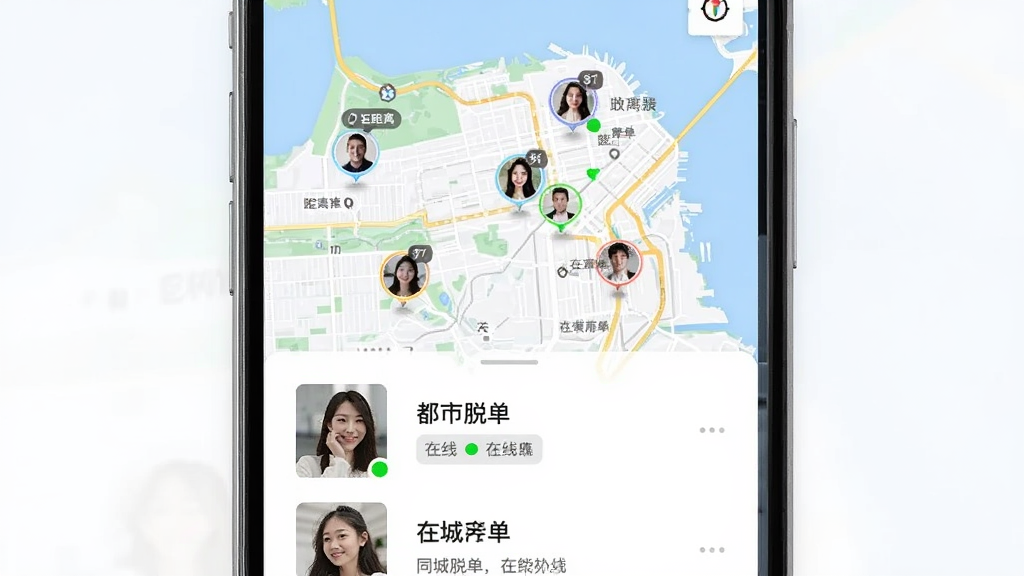 都市脱单 同城匹配功能展示图,主体为手机屏幕,显示地图上多个用户头像标记,布局为地图占据上半部分,下半部分为推荐用户列表,排版左图右文,风格为清新社交风,细节有距离标签和在线状态小绿点,画质干净,无多余元素