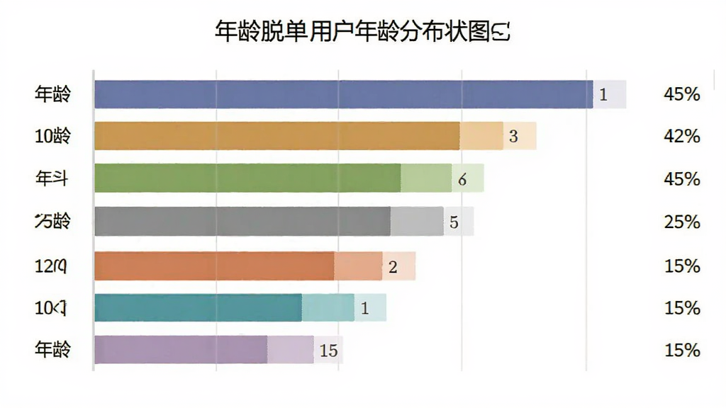 都市脱单 用户年龄分布柱状图,主体为数据图表,布局为横向柱状图,排版左侧为年龄区间右侧为百分比,风格为扁平化数据可视化,细节有不同颜色柱子区分,画质干净,无多余元素