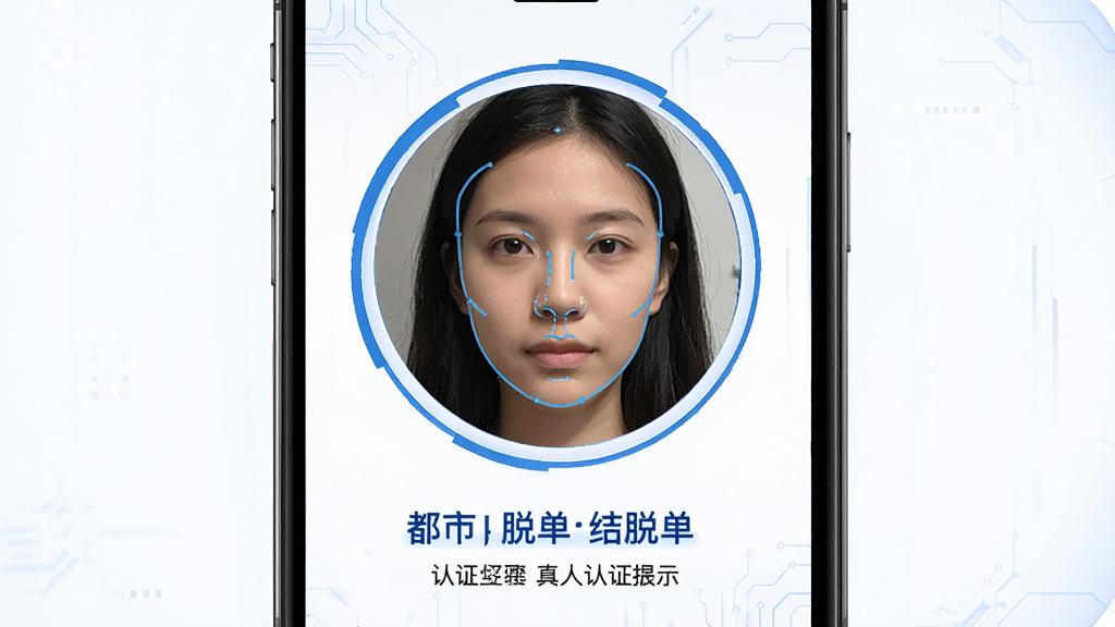 都市脱单 真人认证界面展示图,主体为手机前置摄像头画面,布局为圆形取景框居中,下方为认证步骤提示文字,排版简洁,风格为科技蓝白配色,细节有面部轮廓引导线,画质清晰,无多余元素
