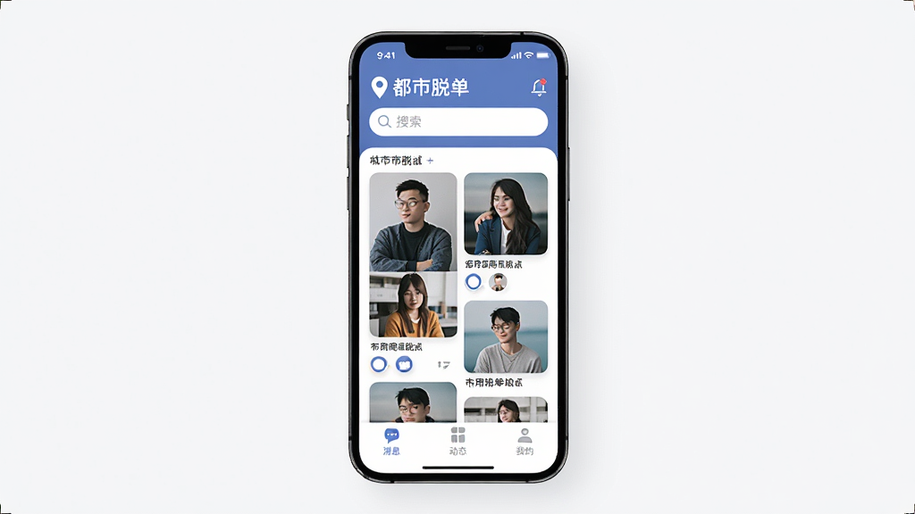都市脱单 应用界面展示图,主体为一部智能手机,屏幕显示都市脱单APP首页,布局为顶部城市定位和搜索栏,中间是用户卡片瀑布流,底部为消息、动态、我的三个选项卡,排版清晰,风格为现代简约扁平化,细节圆润,画质干净,无多余元素