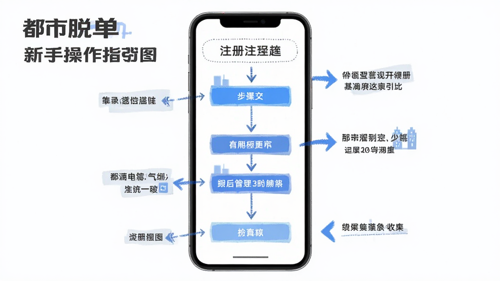 都市脱单 新手操作指引图,主体为手机屏幕,显示注册流程步骤,布局为竖向时间轴,排版从上到下,风格为教程图解风,细节有箭头标注和文字说明,画质干净,无多余元素