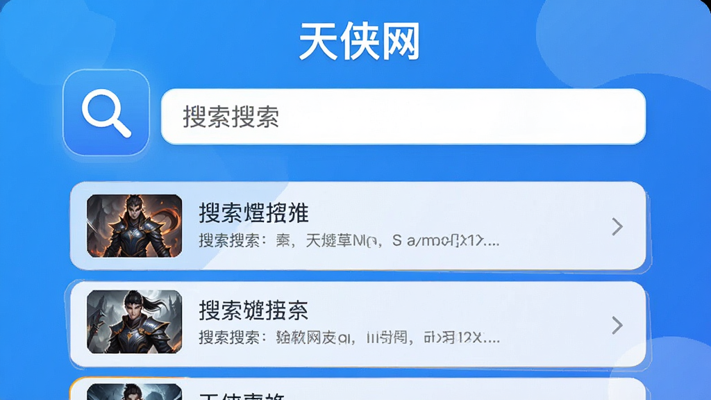 一张展示“天侠网”应用搜索功能的界面图,画面中有一个搜索框和下方排列整齐的搜索结果列表,背景干净,重点突出搜索图标和列表的层次感,风格简洁明亮