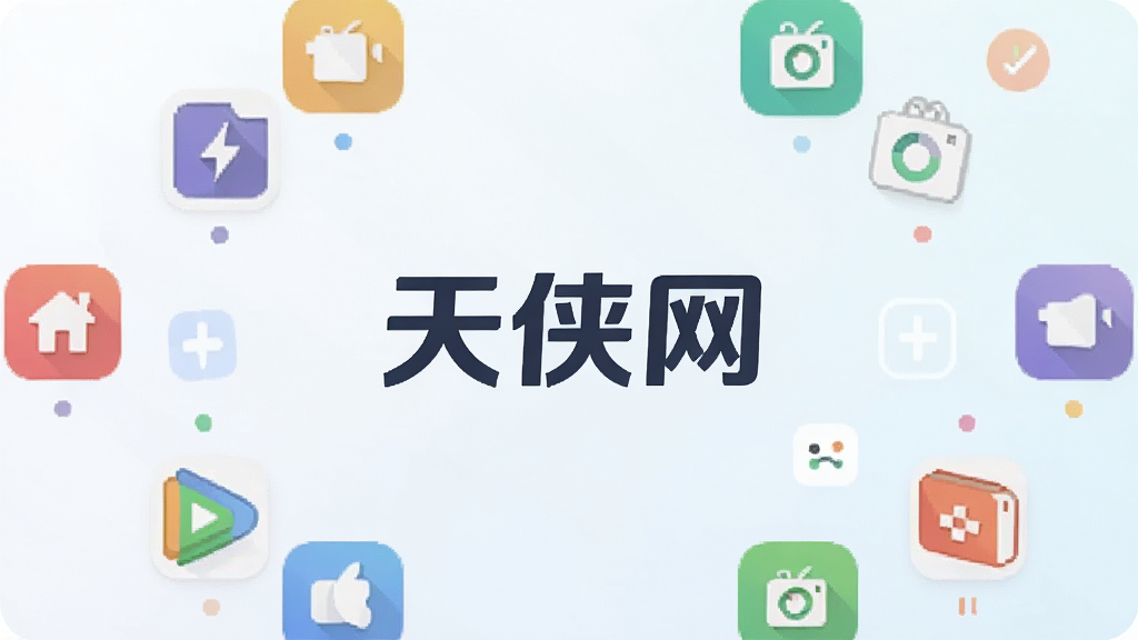 一张手机应用界面展示图,画面中央是“天侠网”的Logo,背景是简洁的浅色渐变,周围环绕着代表资源分类的彩色小图标,整体风格清新扁平,画质清晰干净,无多余元素