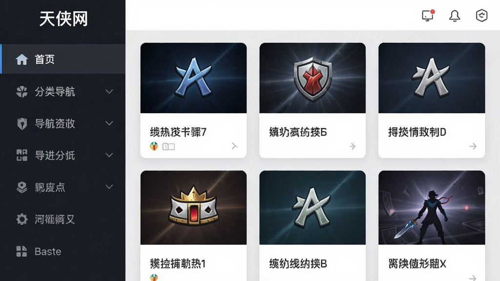 一张“天侠网”应用内部的分类导航界面截图风格图片,左侧是竖排的菜单栏,右侧是网格状的内容卡片,卡片上有不同的图标和文字标签,整体布局清晰,风格现代简约