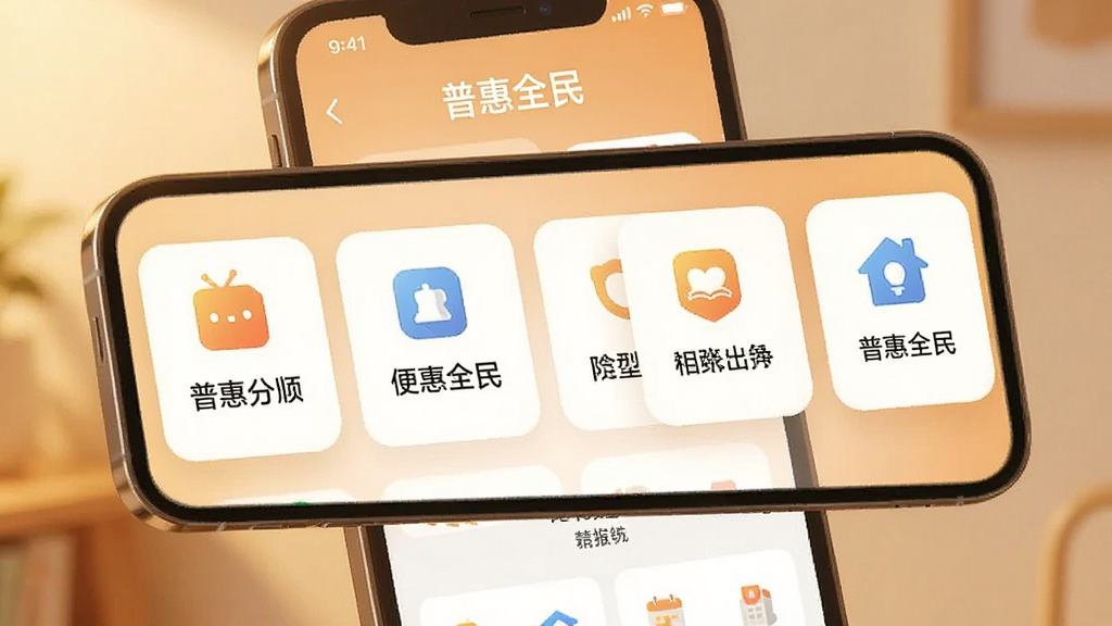 普惠全民功能聚合界面展示,画面中手机屏幕显示普惠全民应用内多个便民功能卡片横向排列,卡片上有图标和文字说明,背景为柔和暖色调,风格温馨实用,细节图标清晰,画质干净,文字标注“普惠全民”