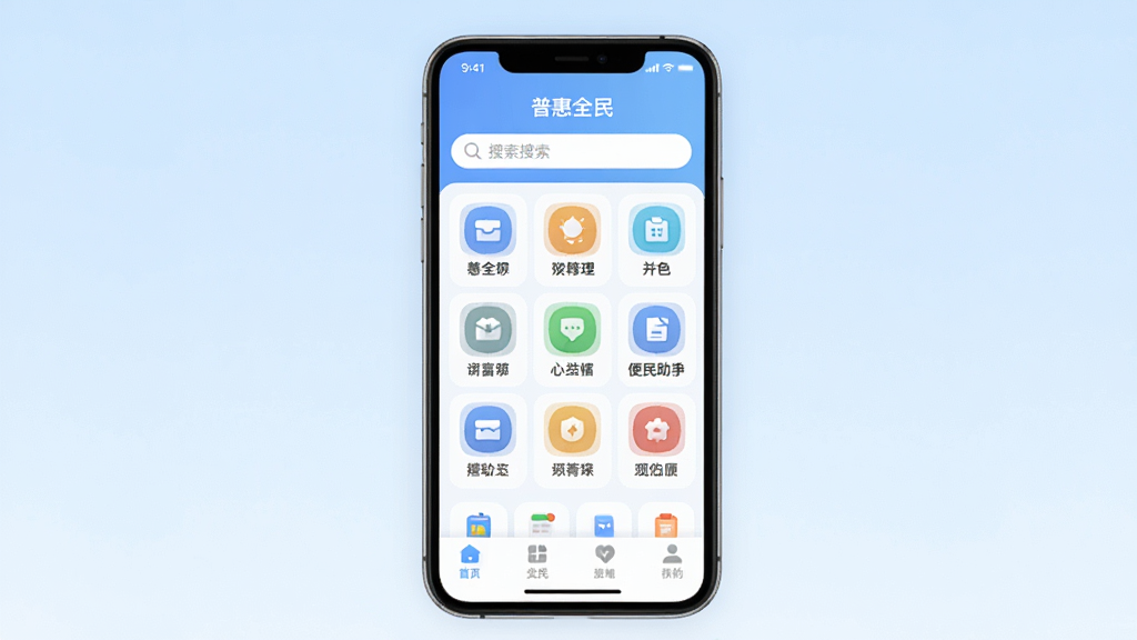 普惠全民-便民生活助手 软件主界面全貌展示,画面中央是手机屏幕,屏幕内显示普惠全民应用首页,顶部搜索栏,中间九宫格功能图标整齐排列,底部导航栏清晰可见,背景为淡蓝色渐变,风格清新扁平,细节圆润,画质干净,无多余元素,文字清晰标注“普惠全民”