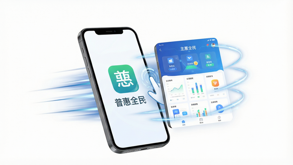 普惠全民应用启动界面展示,画面主体是一部手机,屏幕显示普惠全民图标被点击后瞬间展开主界面,周围环绕着速度线,背景干净白色,风格科技简约,细节清晰,画质干净,文字标注“普惠全民”