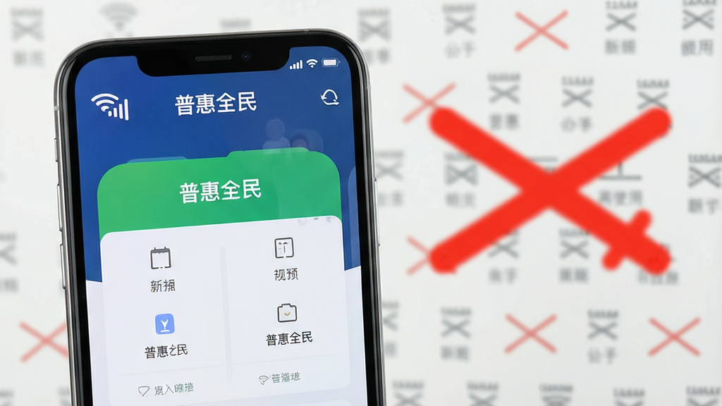 普惠全民离线使用场景展示,画面中手机屏幕显示普惠全民应用在无网络信号图标下依然能打开功能页面,背景有断网符号但应用界面正常,风格写实,细节清晰,画质干净,文字标注“普惠全民”
