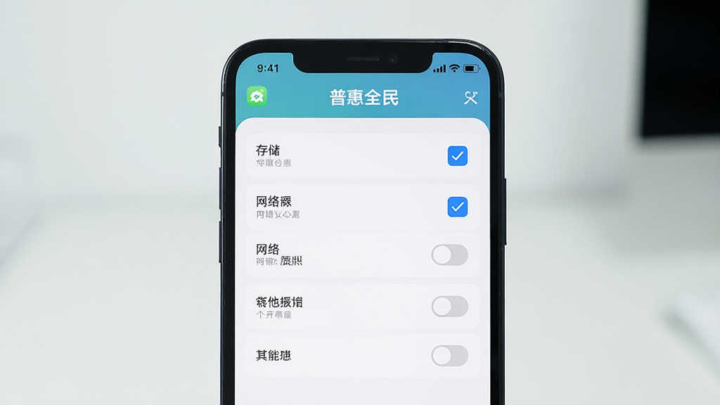 普惠全民隐私权限设置界面展示,画面中手机屏幕显示普惠全民应用的权限管理页面,仅显示存储和网络权限被勾选,其他权限为关闭状态,背景简洁,风格清爽,细节清晰,画质干净,文字标注“普惠全民”