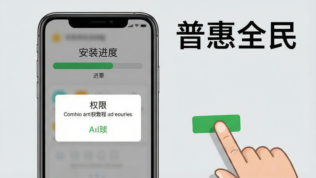普惠全民安装教程示意图,画面中手机屏幕显示安装进度条和权限允许弹窗,旁边有手指点击允许的示意,背景为浅灰色,风格教程类,细节清晰,画质干净,文字标注“普惠全民”