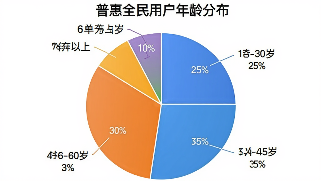 普惠全民用户年龄分布饼状图,画面中一个圆形饼图分为四个扇形区域,分别标注18-30岁占比25%,31-45岁占比35%,46-60岁占比30%,60岁以上占比10%,背景白色,风格数据可视化,细节清晰,画质干净,文字标注“普惠全民用户年龄分布”